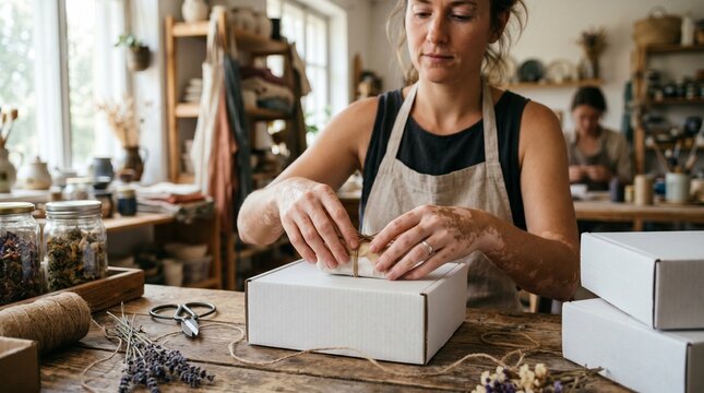 Woman with vitiligo hands tying a gift box with twine in a rustic workshop setting