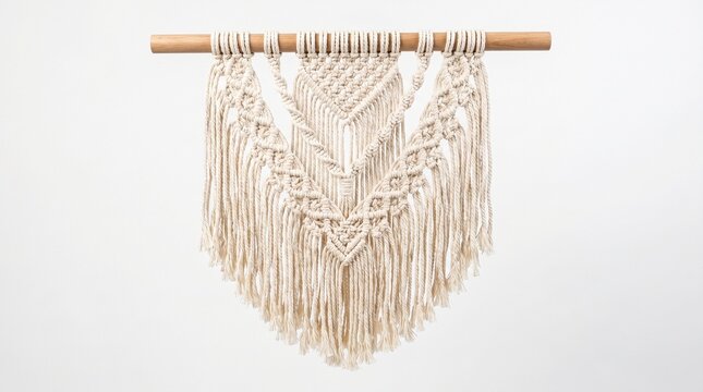 Handmade boho macrame wall hanging on wooden dowel isolated on white background