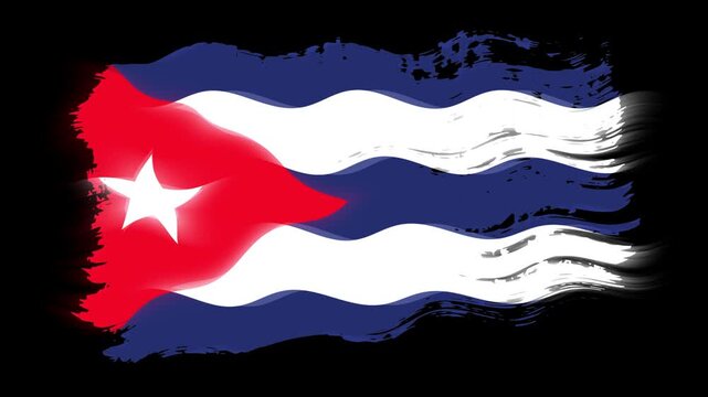 Waving torn Cuba flag grunge brush burn light leaks, transparent background alpha channel loop full HD
