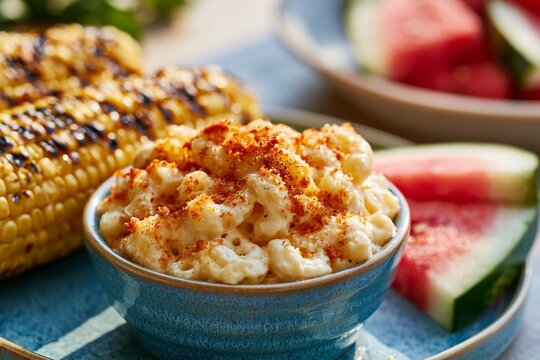 Small cup of mac and cheese topped with seasoning served alongside grilled corn and watermelon slices on a blue plate in a casual dining setting