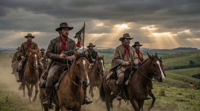 A group of gauchos riding across the pampas on a cloudy day with their flag in tatters.