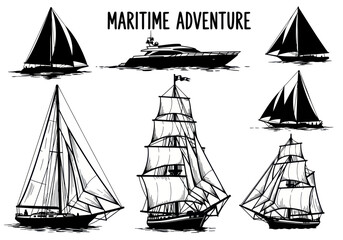 Collection of various sailing ships and a modern yacht in a maritime adventure theme. © Dika