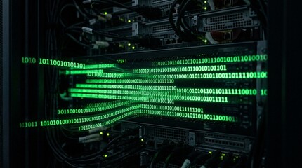 Fototapeta premium Glowing Green Binary Data Stream on Dark Background — Technology Cybersecurity Digital Concept Stock Photo