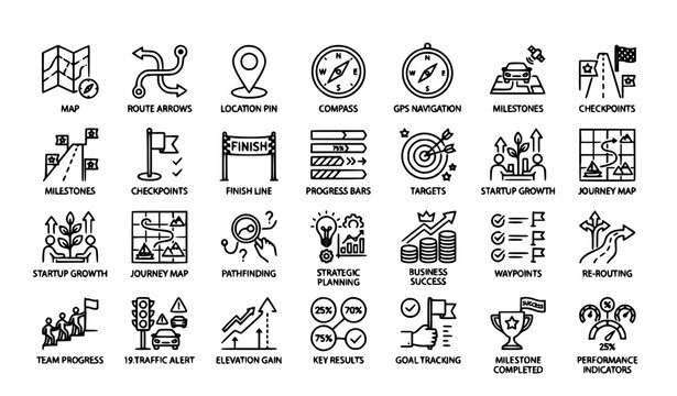 Route Planning and Navigation Line Icons Set Success Journey Vector Collection