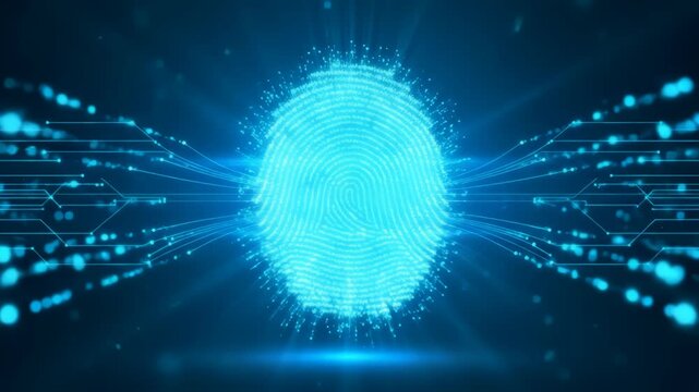 Digital transformation: illuminated blue fingerprint with data connections evolving in motion