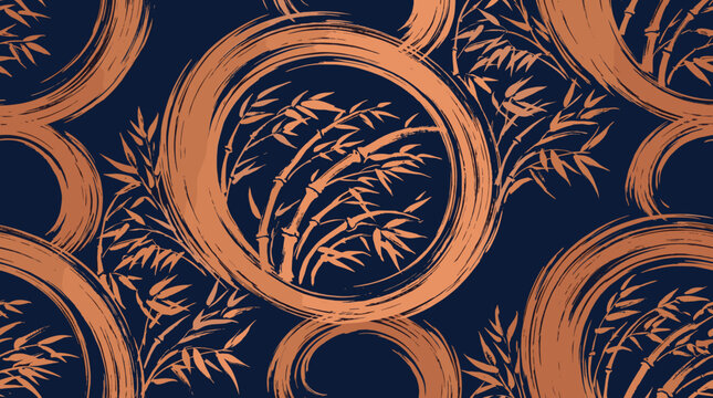 Seamless pattern of bamboo branches within circular brush strokes on a dark blue background, rendered in a warm copper tone.