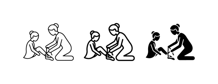 Parent Helping Child Tie Shoelaces, Family Care Icons, Simple Line Art & Silhouette