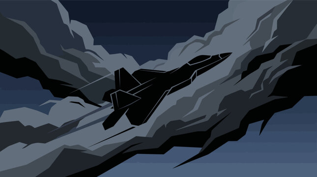 Black stealth fighter jet flying through stormy clouds at night in silhouette vector style