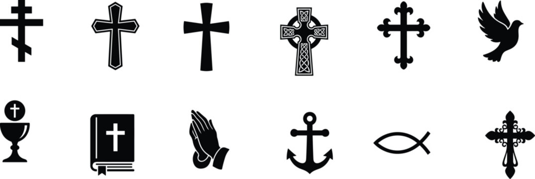 Christian Religious Symbols Silhouette Icon Set with Crosses Holy Bible Praying Hands Chalice Dove Anchor and Ichthys Fish for Church Designs