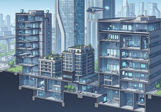 Futuristic Smart City Apartments with Glass Facades and Hovering Drone
