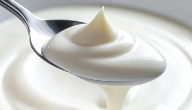 Close-up yogurt surface tension curve at spoon edge macro detail