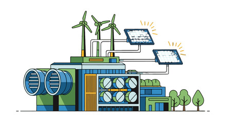 Obraz premium Illustration of Renewable Energy Power Plant with Wind Turbines and Solar Panels.