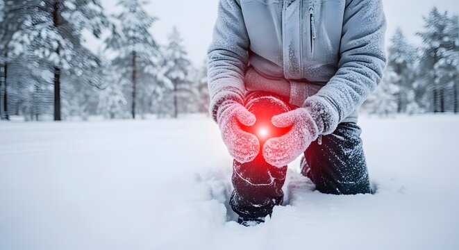 Acute knee pain and joint injury in cold weather. Winter sports and orthopedic safety concepts. Person wearing winter clothing holding a sore knee in the snow