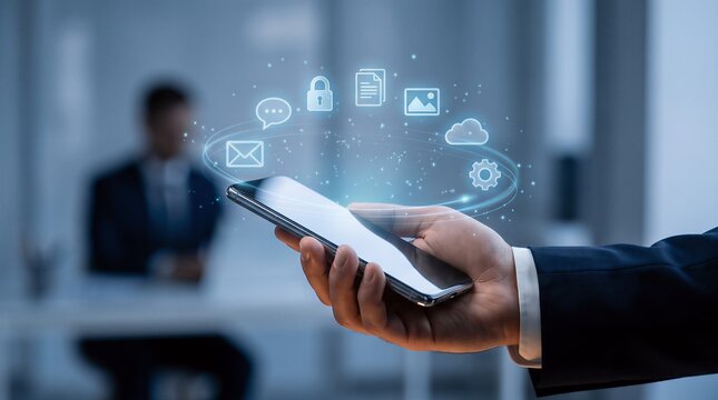Executive specialist using mobile device with glowing holographic icons displaying digital cloud storage email security and web communication network connectivity symbols in futuristic setting.