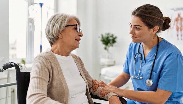 Young nurse talking and laughing with senior woman in wheelchair, providing compassionate medical care and emotional support in a bright nursing home facility