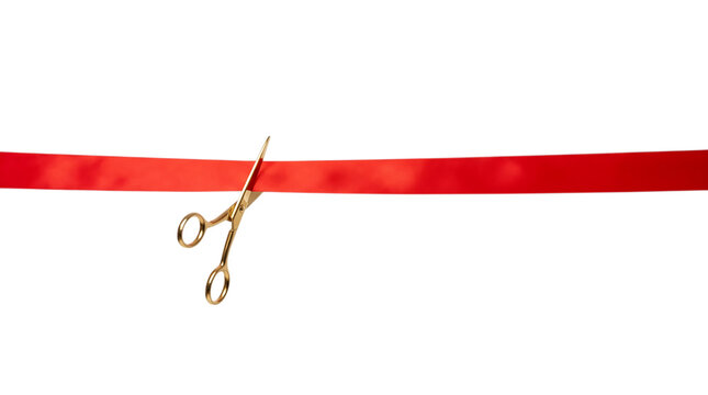 Golden Scissors Cutting Red Ribbon Isolated on Transparent Background