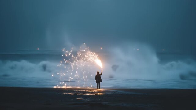 Mystical ocean night: person holding sparkler against waves