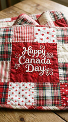 Fototapeta premium Cozy folk art fabric quilt background pattern with embroidered text happy canada day for rustic celebrations