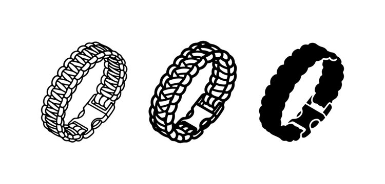 Braided Paracord Bracelets, Outdoor Adventure Gear, Survival Accessories, Black and White Vector Icons