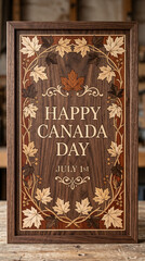 Fototapeta premium Close up of artisanal woodwork panel with intricate wood inlay forming the text happy canada day and maple leaves