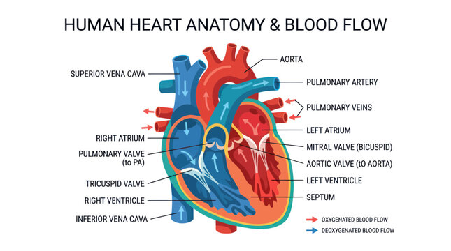 Human Heart Anatomy and Blood Flow Diagram - Medical Science