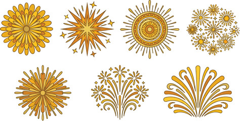 Fototapeta premium Fireworks icons in golden hues create a vibrant assortment of circular celebratory shapes for festive design projects.