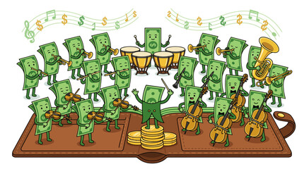 Fototapeta premium Cartoon Dollar Bill Orchestra Musician Characters, Flat Vector Illustration, Money Music Concept