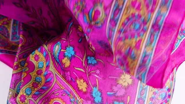 Pink silk scarf with paisley pattern falls onto a white background. Fuchsia and turquoise colors highlight the eastern design. It is suitable for fashion marketing and luxury textile advertising.