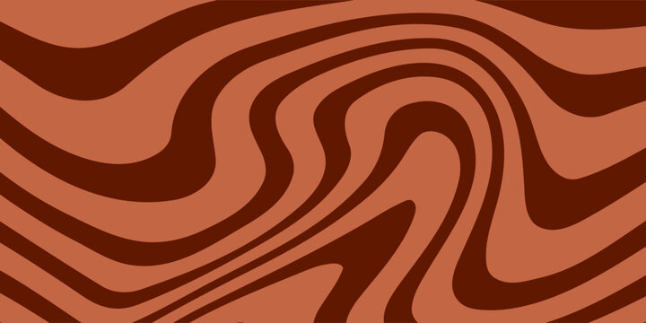 Retro coffee color background. Milk chocolate liquid dessert texture. Wavy swirl candy pattern for poster, cover, banner, pamphlet. Vintage brown trippy hippie wallpaper in 60s or 70s style. Vector