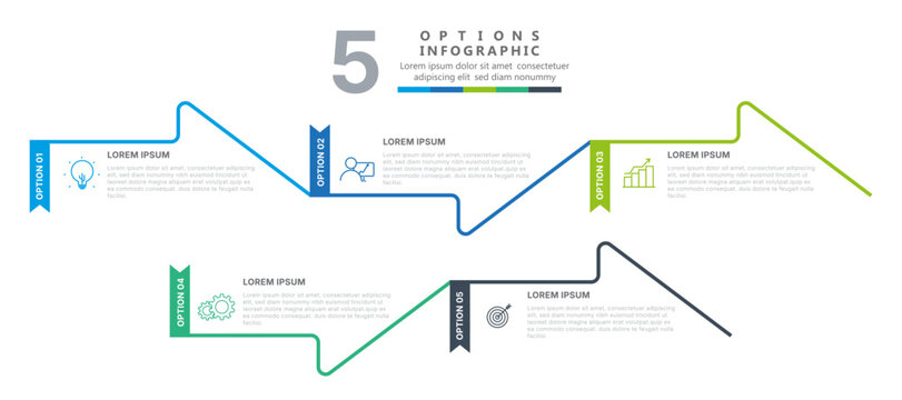 Five step timeline infographic template with colorful process flow and business option icons