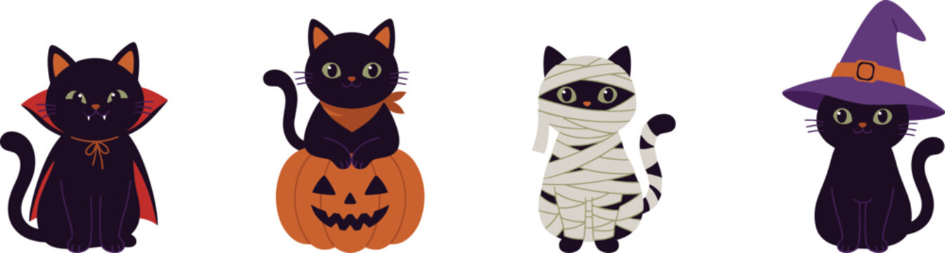 Four black cats in various halloween costumes on white background