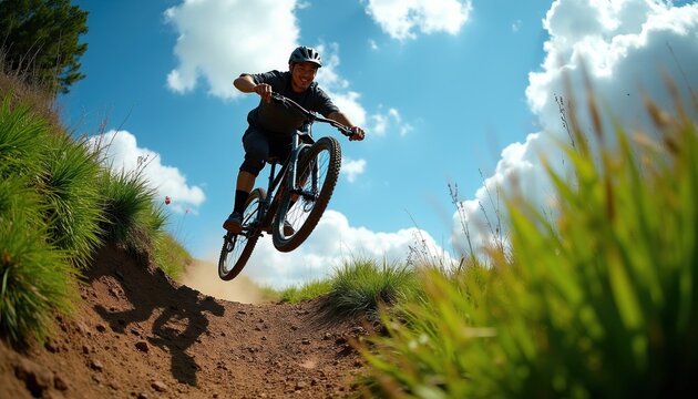 Man jumps on mountain bike down dirt path. Rider in helmet speeds on bicycle over terrain. Active person enjoys extreme sport adventure on grassy hill.