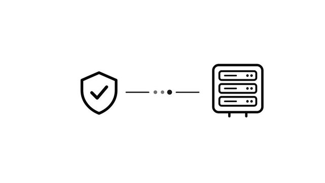 Minimalist motion graphics of a shield icon and server rack on clean white background, concept of data protection and digital security.