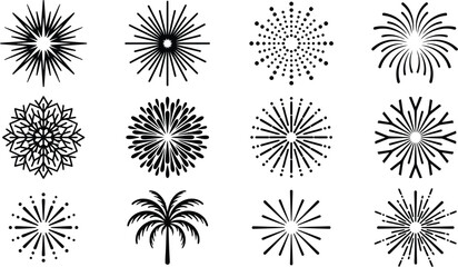 Obraz premium Fireworks icons feature a collection of twelve unique black and white linear burst designs arranged in a grid.