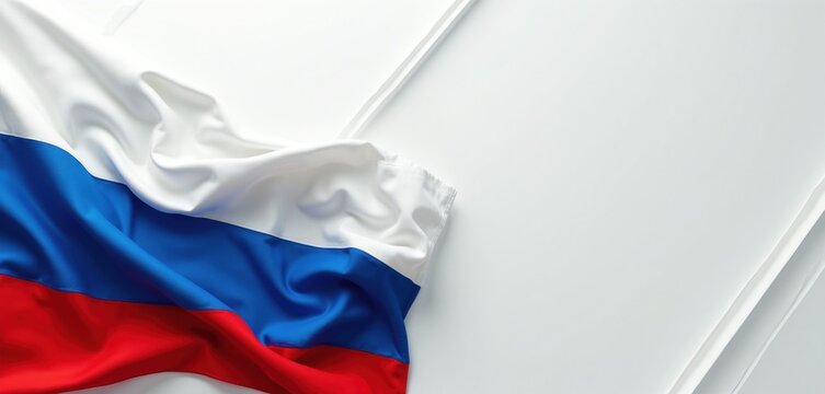 Russian flag made of white blue and red silk waves gently. Fabric ripples on white surface, national symbol of Russia. Independence concept for patriotic media.