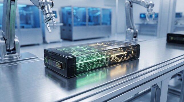 Robotic arms interacting with a circuit board in a factory setting with technology