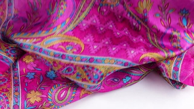 Pink silk scarf with paisley patterns falls onto a white background. Luxury textile showcase smooth movement and vibrant details. It is ideal for fashion commercials and beauty brand advertising.