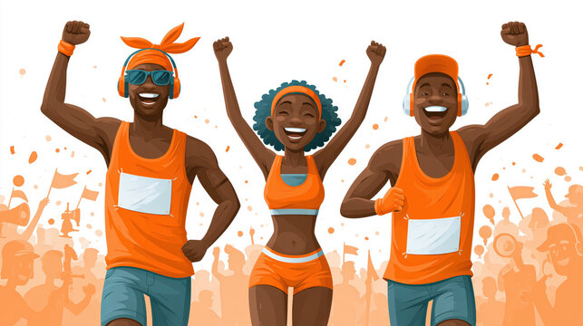 Cheering crowd of smiling black athletes in orange sportswear at race event with raised fists and festive energy