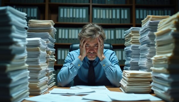 Man stressed at desk surrounded by document stacks. Overwhelmed office worker with head in hands faces endless paperwork pile. Too much work, administrative burden, corporate chaos, deadlines cause