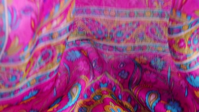 A silk scarf with colorful patterns drops onto a white backdrop. This elegant motion is perfect for luxury fashion and textile promotion. Pink and turquoise colors create a vibrant visual effect.