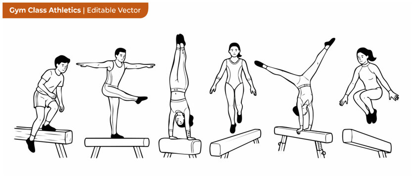 Gymnastics training vector line art depicts children performing balance beam exercises and handstands in gym class, minimal black white athletic sports icon set for school physical education lessons.