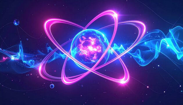 Glowing Atom Model with Neon Orbits.