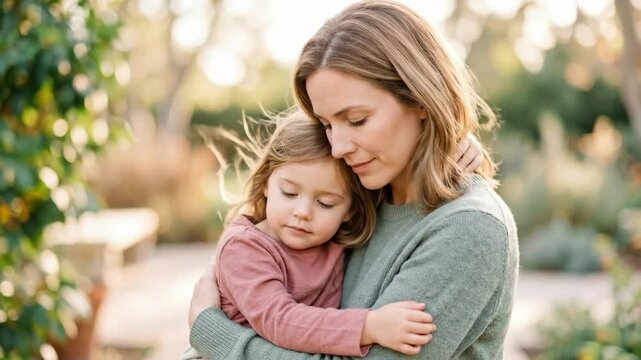 Woman hugging young girl in lush garden. Mother and daughter embrace showing family protection and love. Awareness for international day of missing children and child safety