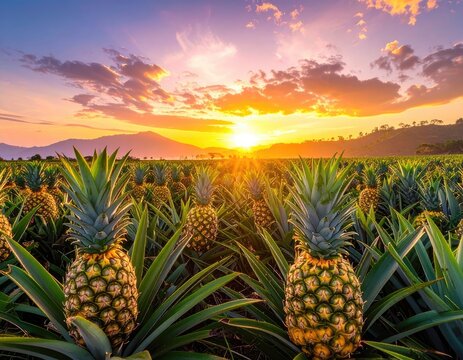 Golden sunset illuminates a bountiful pineapple field with vibrant foliage
