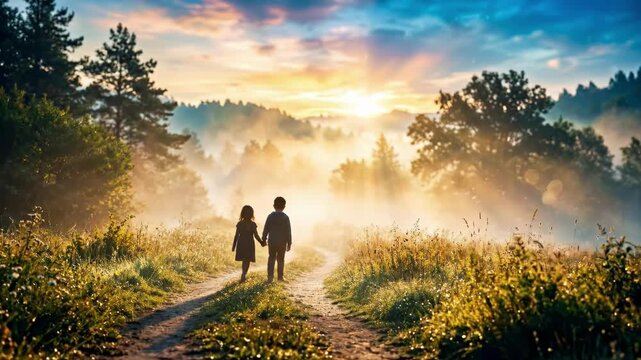 Boy and girl holding hands walking down misty forest path at sunrise. Silhouettes in foggy woods with golden light. Hope and unity concept for international missing children day awareness