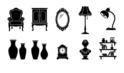 Vintage furniture and antique interior home decor silhouettes including baroque armchairs, classic cabinets, ornate mirrors, lamps, ceramic vases, clocks, and bookshelves. © MdIbrahimIslam