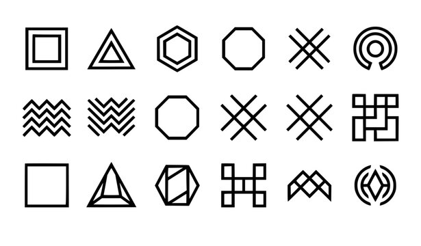 Abstract geometric line logo elements collection featuring minimalist branding shapes, linear polygons, chevron waves, crossed lines, and futuristic corporate identity badges.