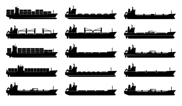 Global marine shipping and commercial freight logistics silhouettes vector icon collection featuring cargo container ships, industrial oil tankers, and bulk carrier ocean vessels.