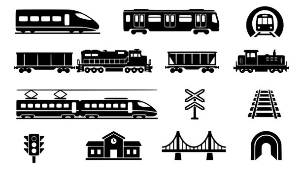 Railway transportation and transit icon set featuring bullet trains, cargo freight locomotives, subways, metro tunnels, railroad crossings, tracks, bridges, and station buildings.
