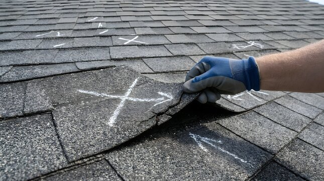 Closeup of a roofer inspecting damaged asphalt shingles on a residential roof with chalk markings